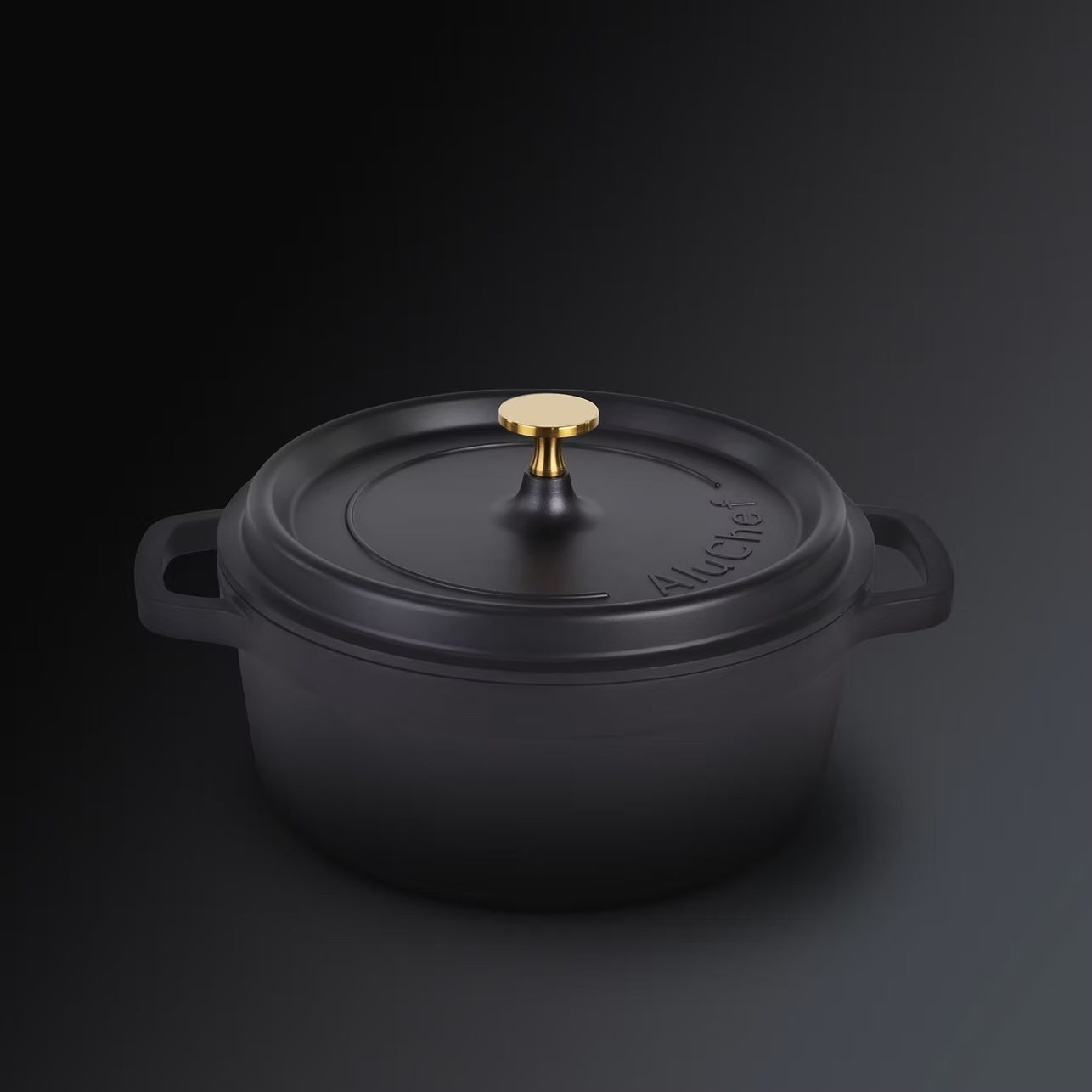 AluChef Round Casserole 24cm - Matte Black with Gold Knob