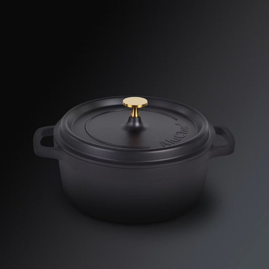 AluChef Round Casserole 24cm - Matte Black with Gold Knob