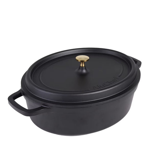 AluChef Oval Casserole - Matte Black with Gold Knob