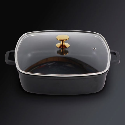 AluChef Shallow Casserole Square 28cm - Matte Black with Glass Lid & Gold Knob